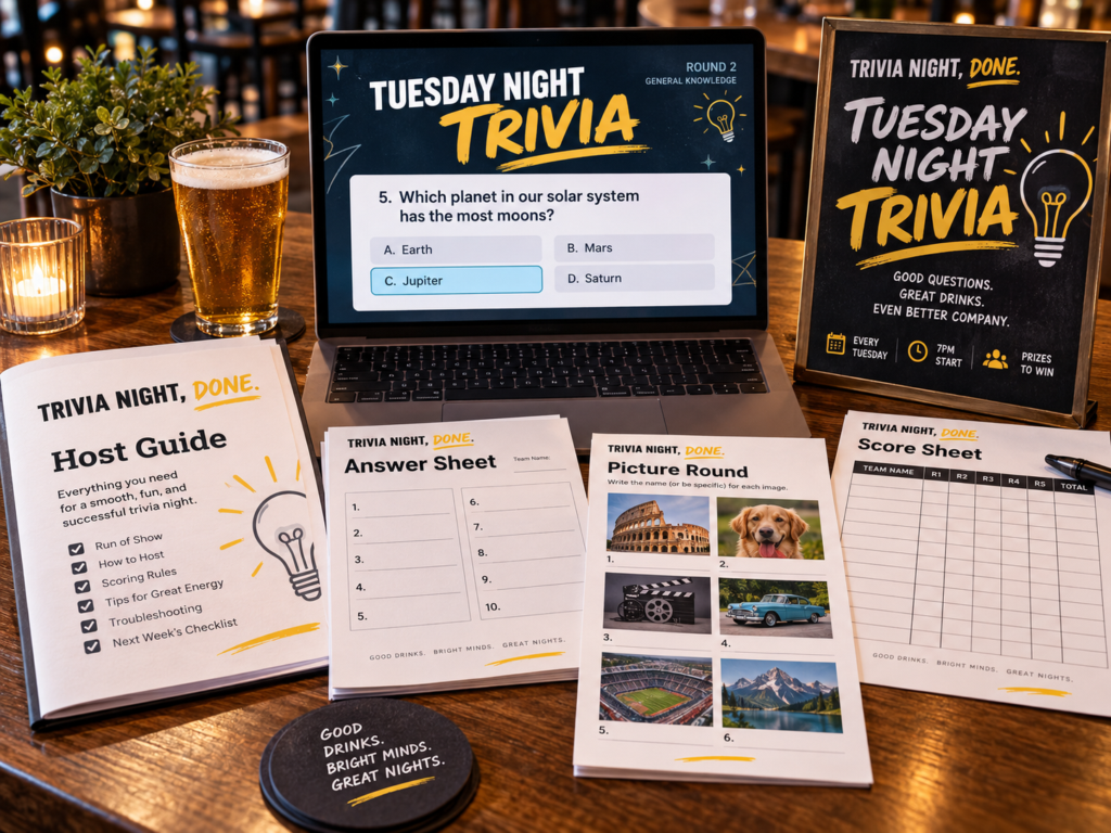 Good Excuse Trivia weekly venue trivia product kit mockup